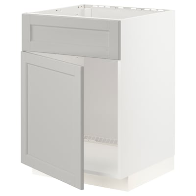 White METOD kitchen cabinet with grey lerhyttan fronts, rectangular, 18mm thick, bevelled edges.