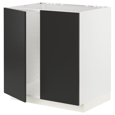 METOD Base cabinet for sink + 2 doors, white/Nickebo matt anthracite, 80x60x80 cm