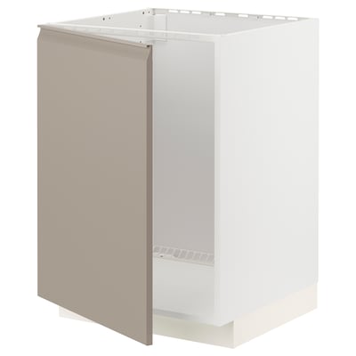 Modern kitchen cabinet in grey-beige with sleek, minimalist design and integrated handle.