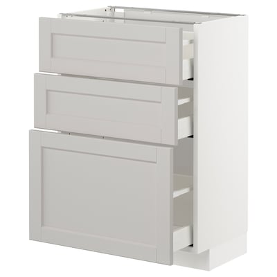 White METOD kitchen unit with three lerhyttan grey drawers, bevelled edges.