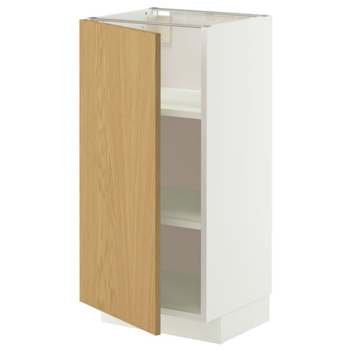 White cabinet with oak door, one open shelf, nickel hinges.