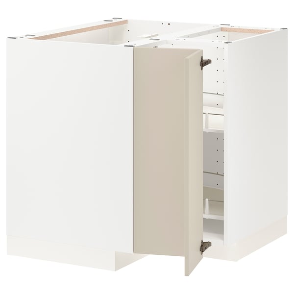 METOD Corner base cabinet with carousel, white/Havstorp beige, 88x88x80 cm