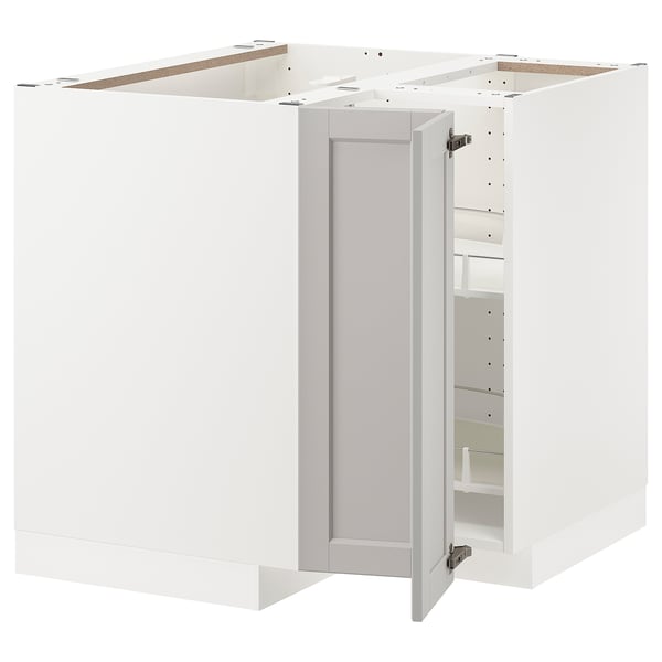 METOD Corner base cabinet with carousel, white/Lerhyttan light grey, 88x88x80 cm