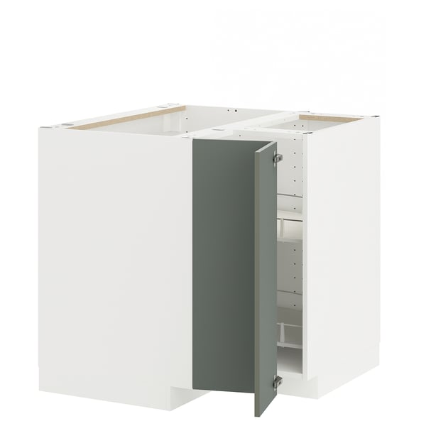 METOD Corner base cabinet with carousel, white/Nickebo matt grey-green, 88x88x80 cm