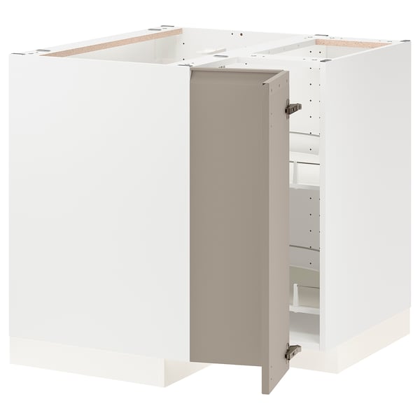 METOD Corner base cabinet with carousel, white/Upplöv matt dark beige, 88x88x80 cm