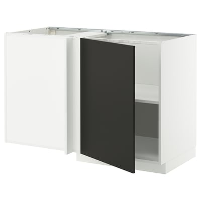 METOD Corner base cabinet with shelf, white/Nickebo matt anthracite, 128x68x80 cm