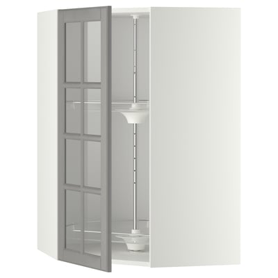 METOD Corner wall cab w carousel/glass dr, white/Bodbyn grey, 68x37x100 cm