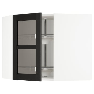 METOD Corner wall cab w carousel/glass dr, white/Lerhyttan black stained, 68x37x60 cm