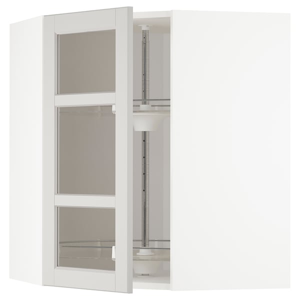 METOD Corner wall cab w carousel/glass dr, white/Lerhyttan light grey, 68x37x80 cm