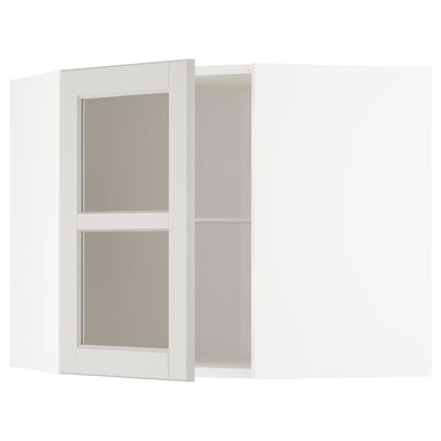 METOD Corner wall cab w shelves/glass dr, white/Lerhyttan light grey, 68x37x60 cm
