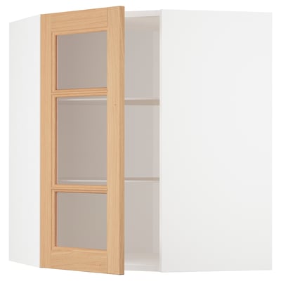 METOD Corner wall cab w shelves/glass dr, white/Vedhamn oak, 68x37x80 cm