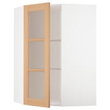 METOD Corner wall cab w shelves/glass dr, white/Vedhamn oak, 68x37x100 cm