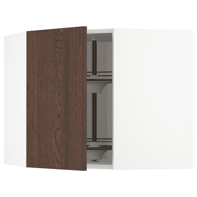 METOD Corner wall cabinet with carousel, white/Sinarp brown, 68x37x60 cm