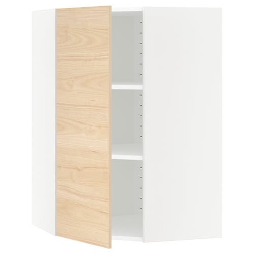 METOD kitchen unit, light wood, white shelves, open door.