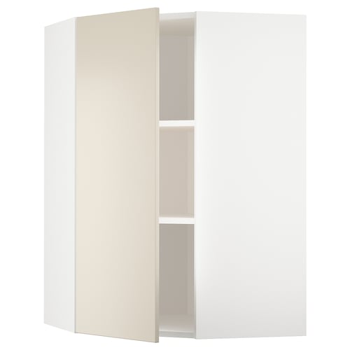 A beige METOD corner kitchen cabinet with two shelves. It is sleek and modern with smooth, clean lines.
