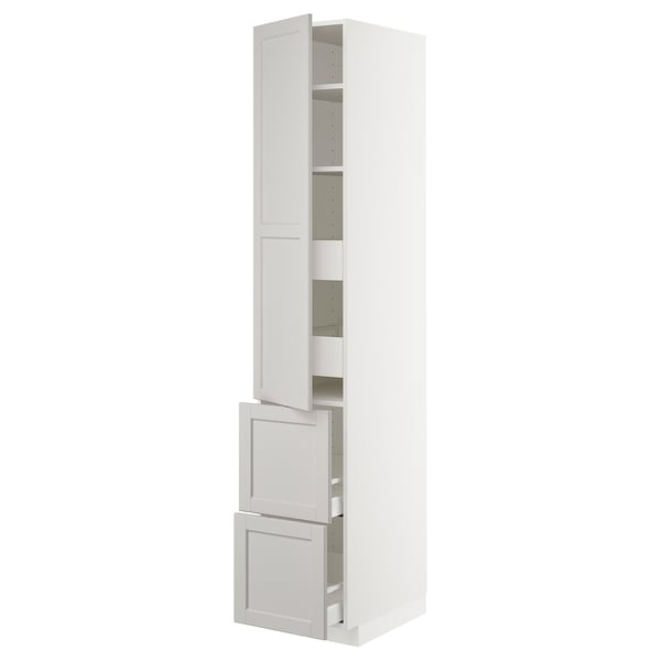 METOD Hi cab w shlvs/4 drawers/dr/2 frnts, white Maximera/Lerhyttan light grey, 40x60x220 cm