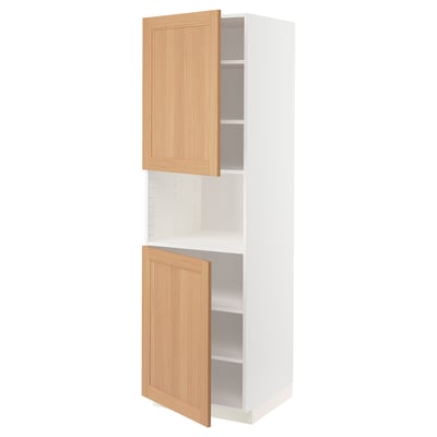 A white METOD kitchen cabinet with wooden doors, one open. This version keeps the essential details and maintains the character count.