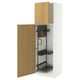 METOD cabinet shown, light wood doors, white frame, open, pegboard & shelves inside.
