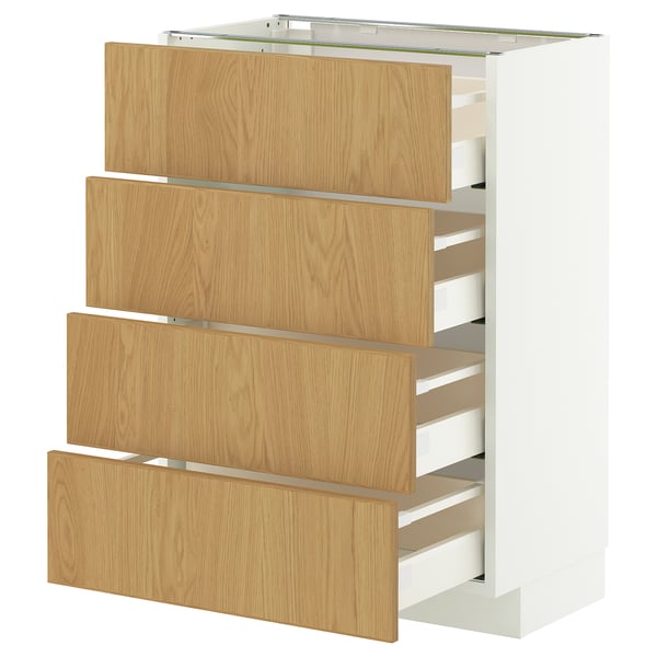 A white METOD cabinet with four oak drawers. It a modern design with smooth, soft-closing drawer mechanisms.