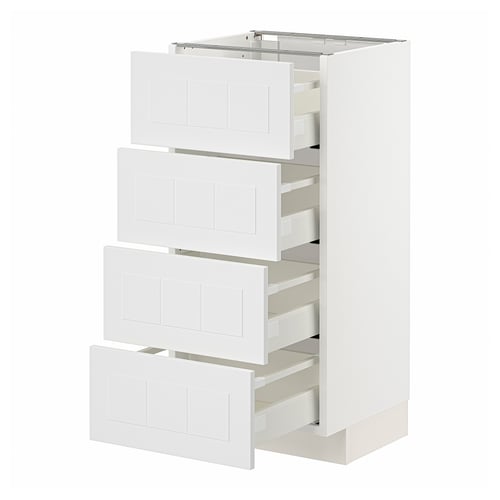 White METOD kitchen unit with four open drawers, sleek and modern design.