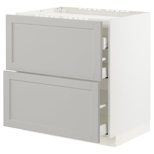 An ikea METOD kitchen unit in light grey with two drawers and a cabinet, featuring a classic design with beveled edges.