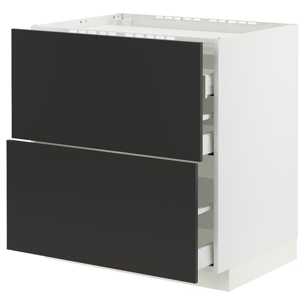 METOD / MAXIMERA Base cab f hob/2 fronts/3 drawers, white/Nickebo matt anthracite, 80x60x80 cm
