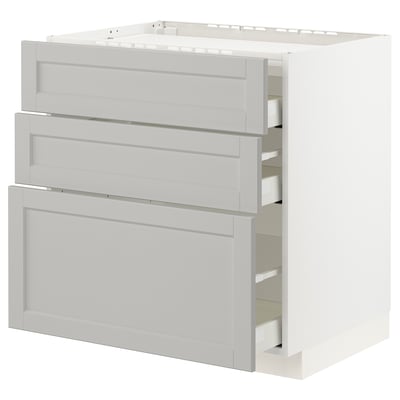 METOD / MAXIMERA Base cab f hob/3 fronts/3 drawers, white/Lerhyttan light grey, 80x60x80 cm