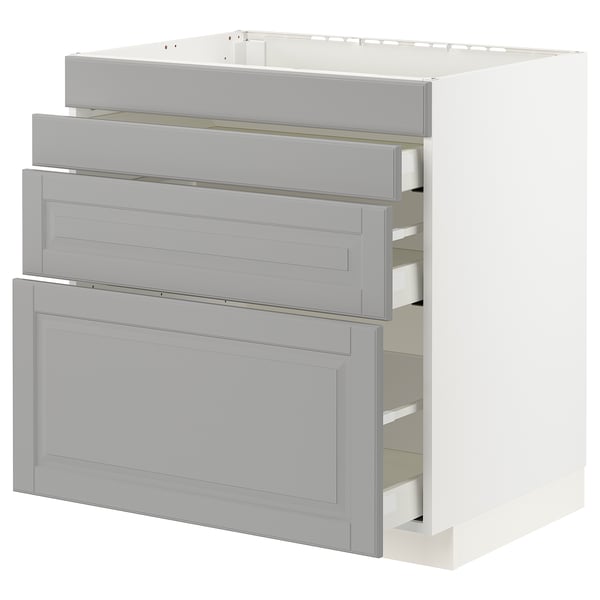 METOD / MAXIMERA Base cab f hob/4 fronts/3 drawers, white/Bodbyn grey, 80x60x80 cm
