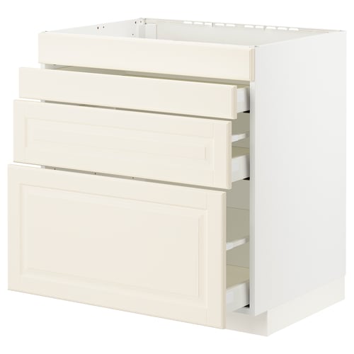 White kitchen cabinet with three bevel-edged drawers, featuring a traditional design and soft-close mechanism.