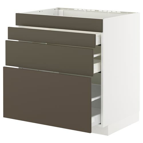 METOD kitchen cabinet with 3 havstorp dark brown drawers.