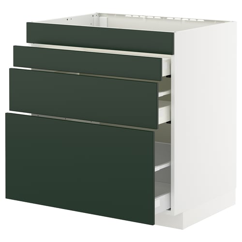 Modern white cabinet with 3 green drawers, sleek handle-less design.