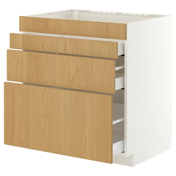 METOD / MAXIMERA Base cab f hob/4 fronts/3 drawers, white/Sinarp oak veneer, 80x60x80 cm