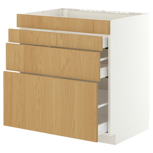 METOD / MAXIMERA Base cab f hob/4 fronts/3 drawers, white/Sinarp oak veneer, 80x60x80 cm