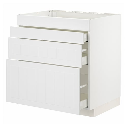 A white METOD kitchen cabinet with multiple drawers. Its a modern design with craft details, in white, featuring smooth-running drawers.