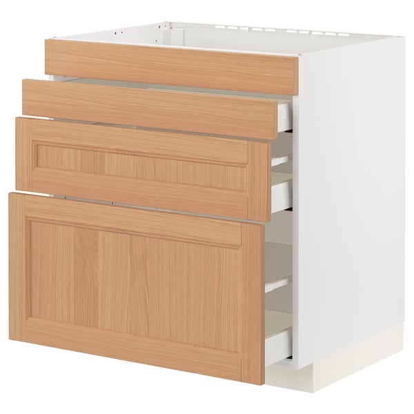 METOD / MAXIMERA Base cab f hob/4 fronts/3 drawers, white/Vedhamn oak, 80x60x80 cm