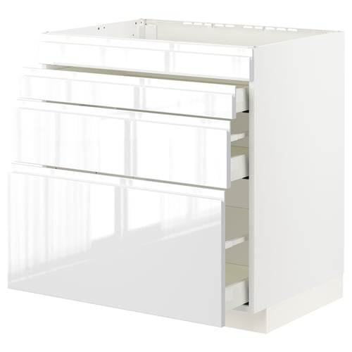 White modern kitchen storage unit with multiple drawers, sleek handles, and high gloss finish.