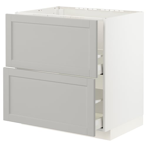 A white METOD kitchen cabinet with grey lerhyttan fronts and bevelled edges. It has a modern, classic design with two drawers.