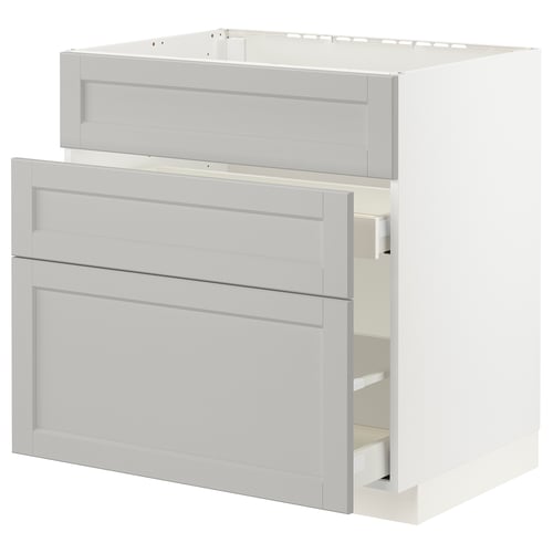 Ikea METOD light gray kitchen cabinet with beveled drawer fronts.