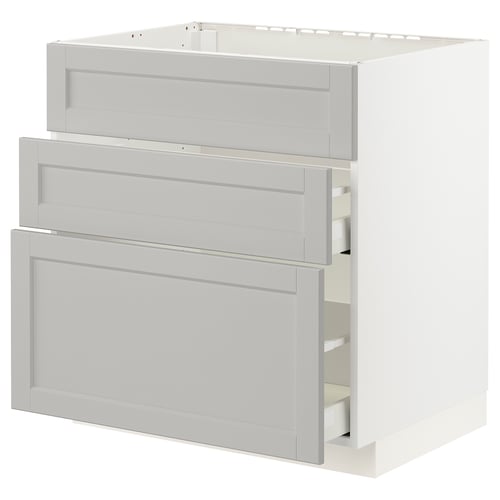 Ikea METOD kitchen unit, light grey, three drawers, beveled edges.