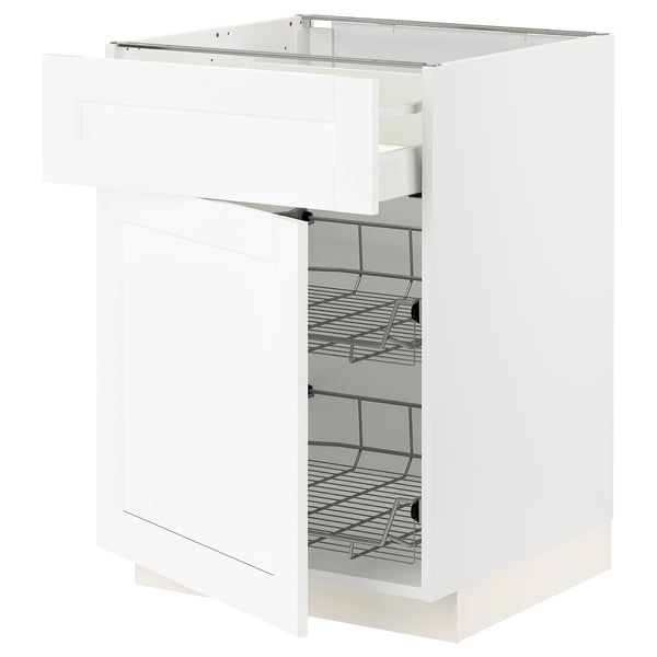 METOD / MAXIMERA Base cab w wire basket/drawer/door, white Enköping/white wood effect, 60x60x80 cm