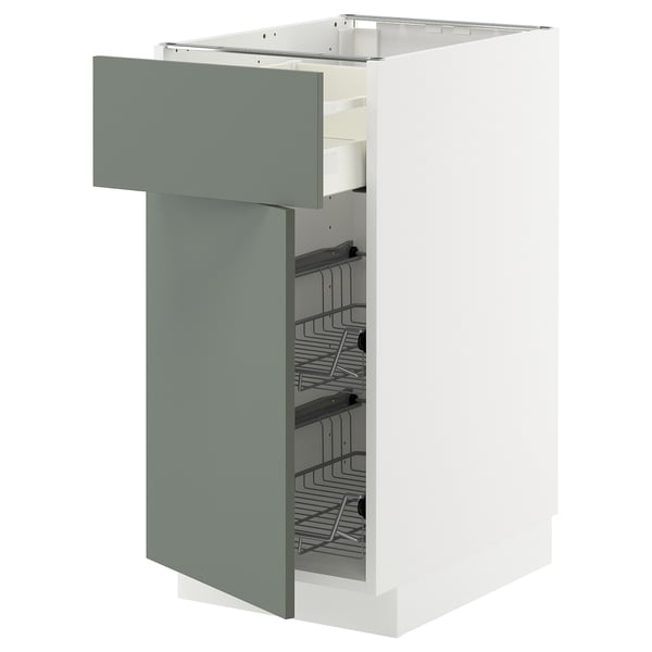 METOD / MAXIMERA Base cab w wire basket/drawer/door, white/Nickebo matt grey-green, 40x60x80 cm