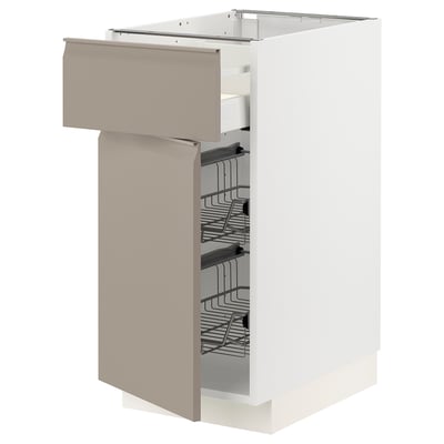METOD / MAXIMERA Base cab w wire basket/drawer/door, white/Upplöv matt dark beige, 40x60x80 cm