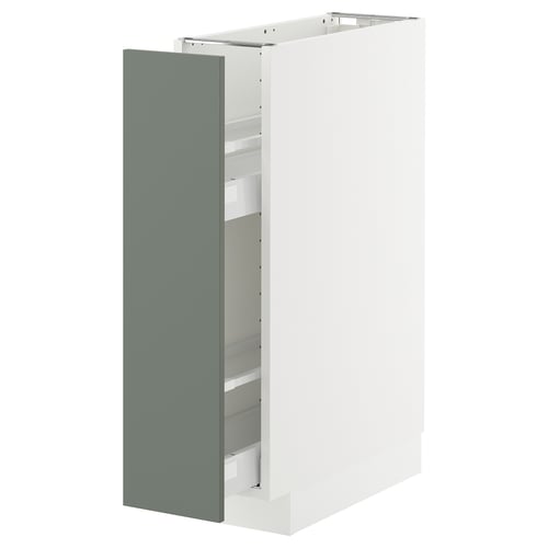 METOD kitchen cabinet in greyish-green, modern design with open shelves.