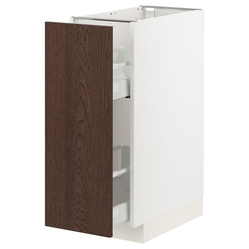 METOD kitchen unit, white with dark brown door, oak veneer, open design, pull-out shelves.