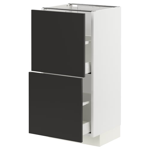 A modern, tall white kitchen cabinet with two black drawers and three shelves, featuring a sleek design and sturdy construction.