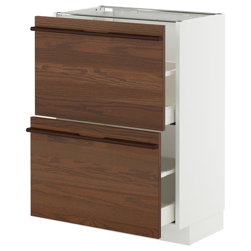 METOD kitchen cabinet, white and dark brown wood, two drawers with wooden handles.