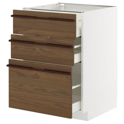 A METOD kitchen cabinet with dark brown wooden drawers. The cabinet is white with three wide drawers featuring solid wood handles and a smooth finish.