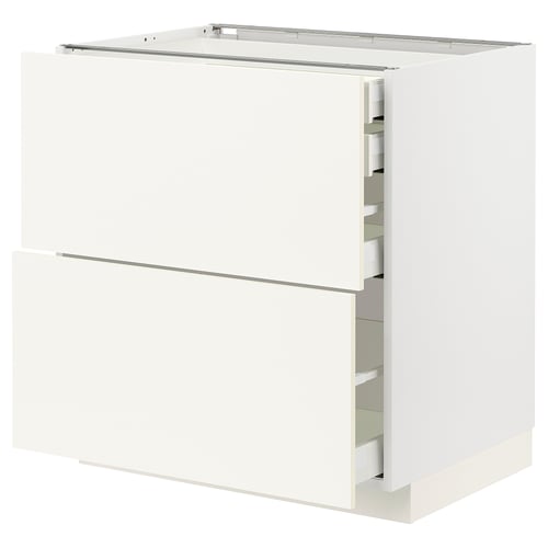 White METOD kitchen cabinet with vallstena fronts, featuring two drawers and a smooth, rectangular design.