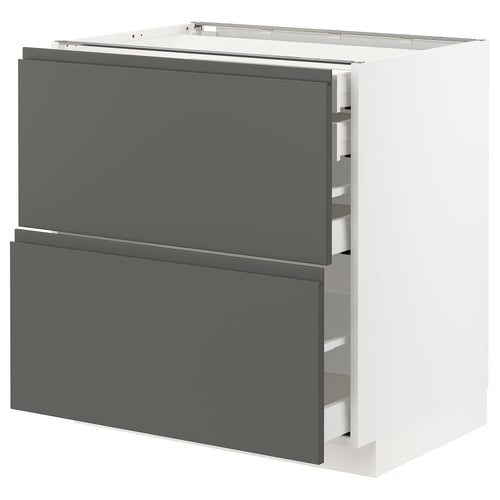 Grey and white kitchen unit, modern design, double drawers, integrated handles.
