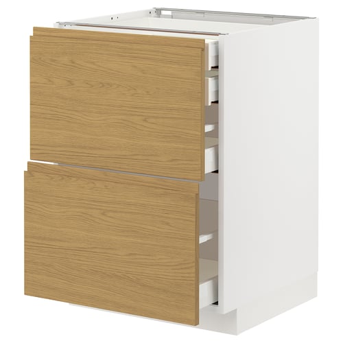 Modern kitchen cabinet, white and oak, three drawers, minimalist style.